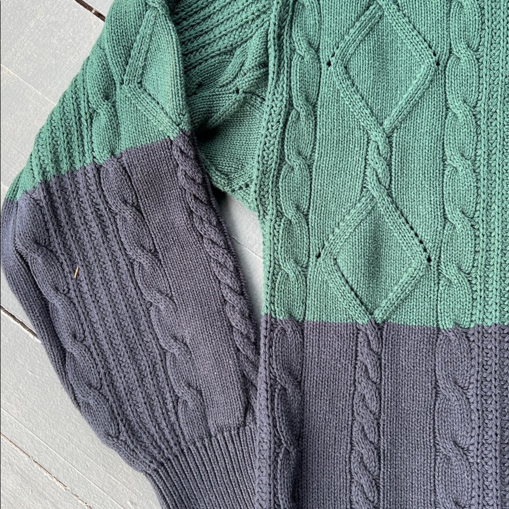 Vintage Claiborne Green and Blue 100% Cotton Cable Knit Sweater - Picture 4 of 6